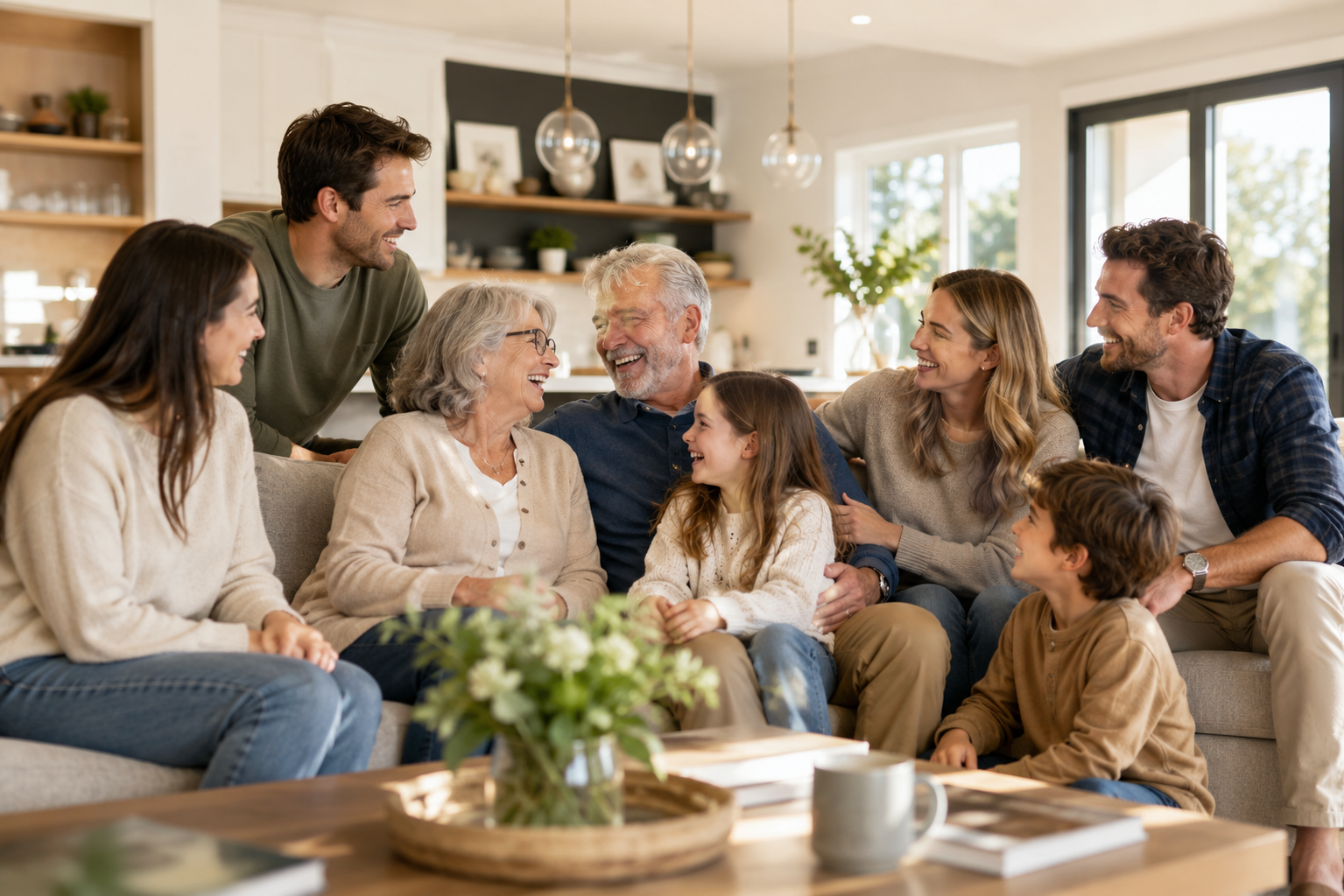 Three generations sharing stories and laughter at home