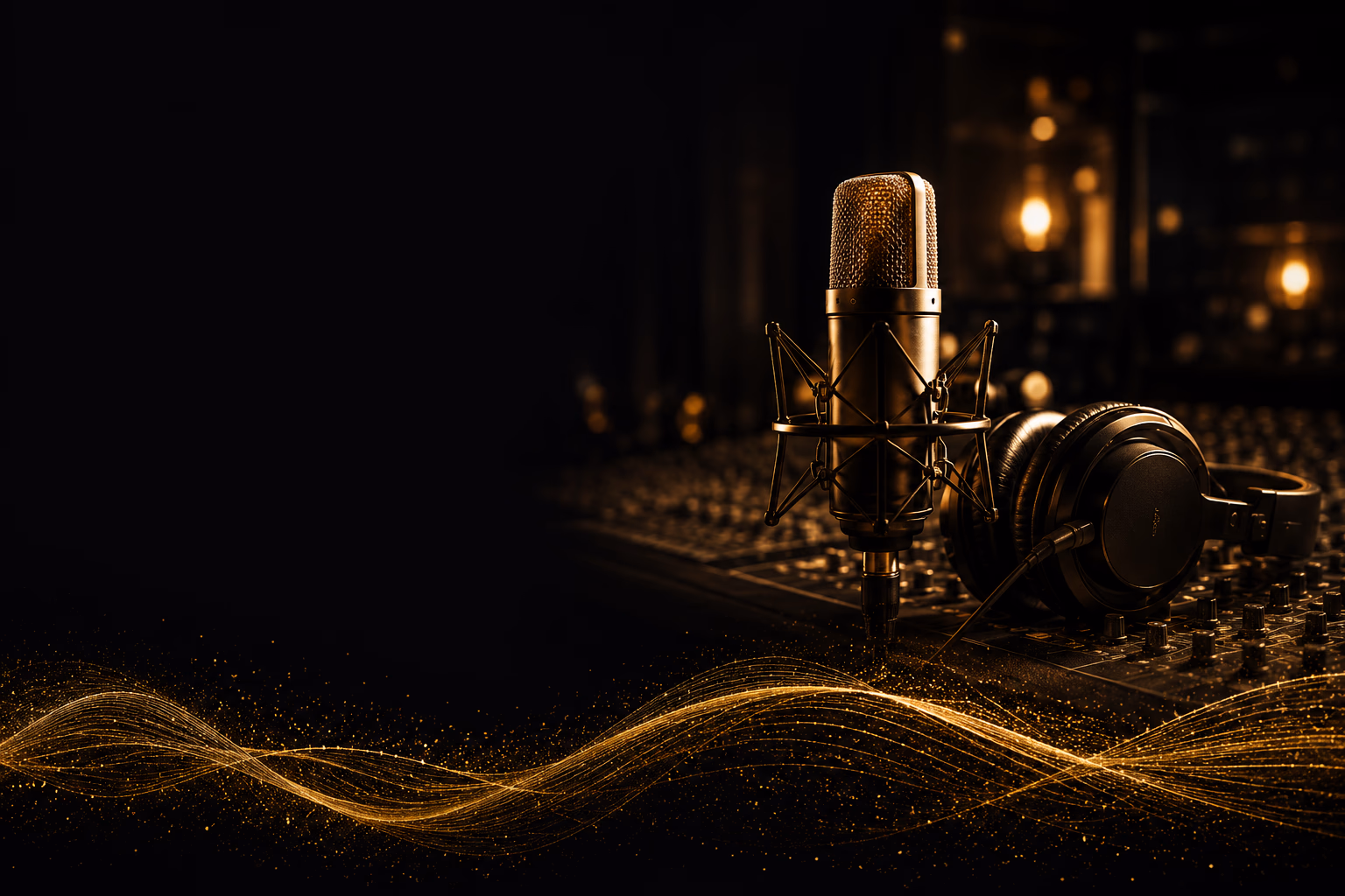 Gold microphone and headphones in a warmly lit recording studio